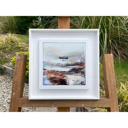 White framed tile art print featuring a white bothie on an abstract field in a mix of hues