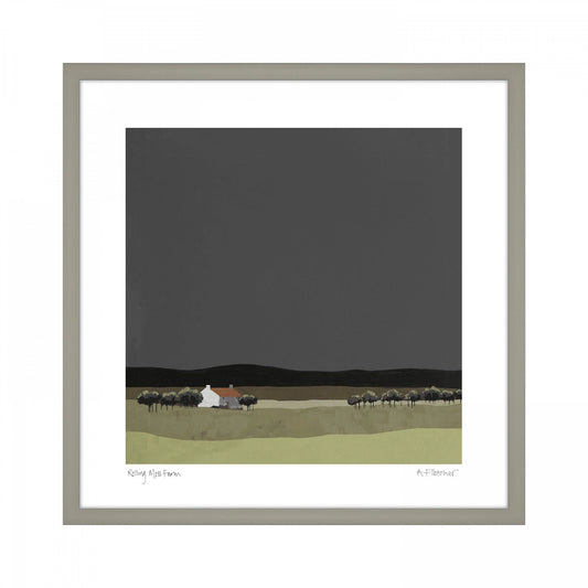 A square framed print featuring a modern landscape painting in muted colours