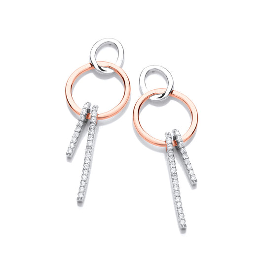 Drop earrings featuring two linked circles, one in rose gold, and two long bars with cubic zirconia stones 