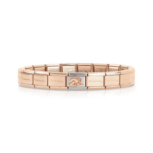 A rose gold colour stainless steel Nomination bracelet with a single charm featuring a rose gold knot engraved with friend