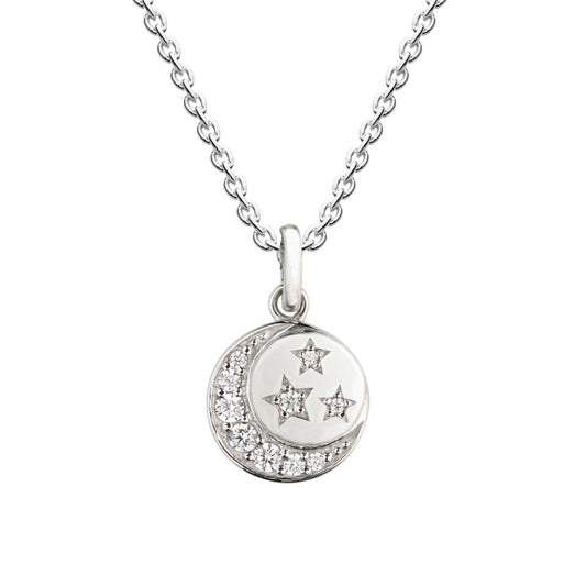 Disc shaped pendant with a crescent moon and three stars set with CZ stones