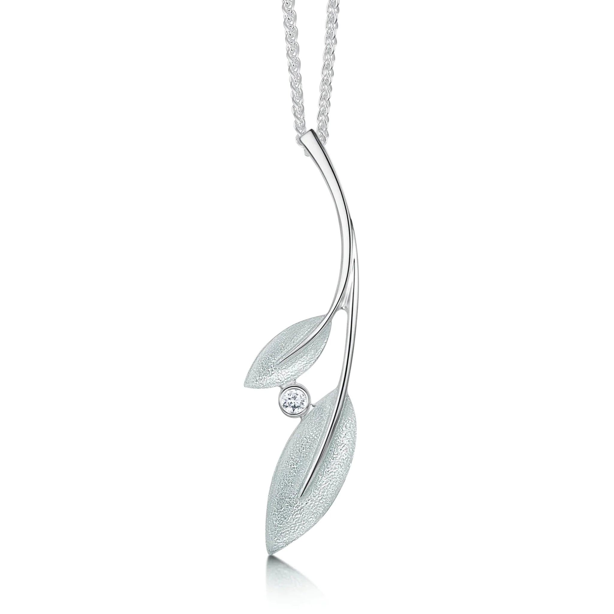 Silver pendant with double rowan tree leaves in a frosty white enamel and cubic zirconia, on a silver chain