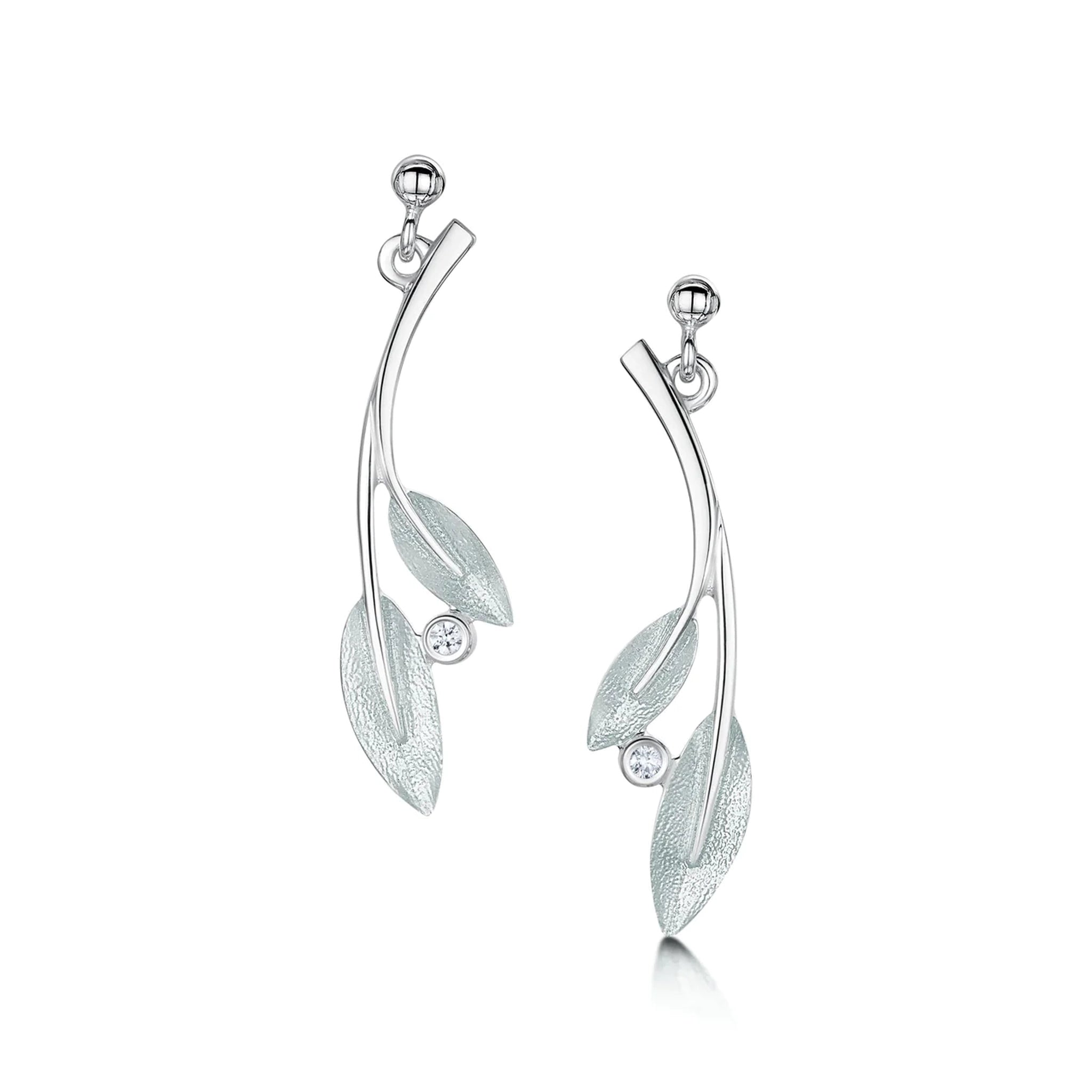 Silver earrings with double rowan tree leaves in a frosty white enamel and cubic zirconia, with stud post fittings