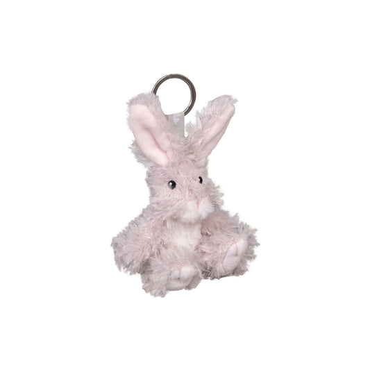 A plush bunny keyring in a light cream colour with long faux fur