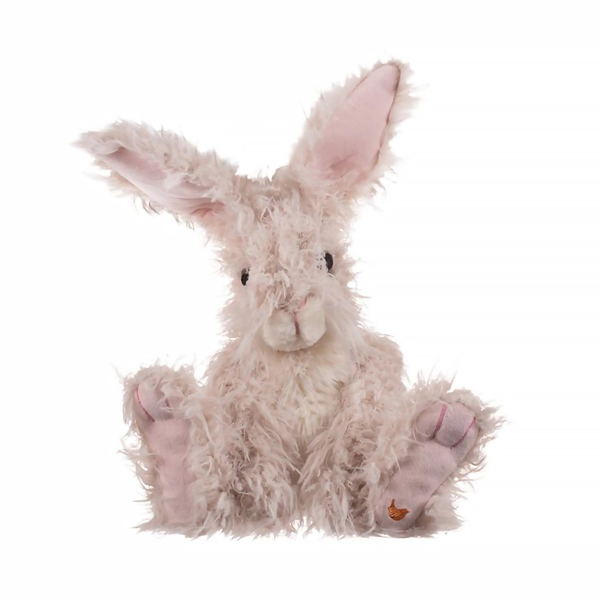 A stuffed hare plush toy with the Wrendale logo embroidered on the bottom of its foot