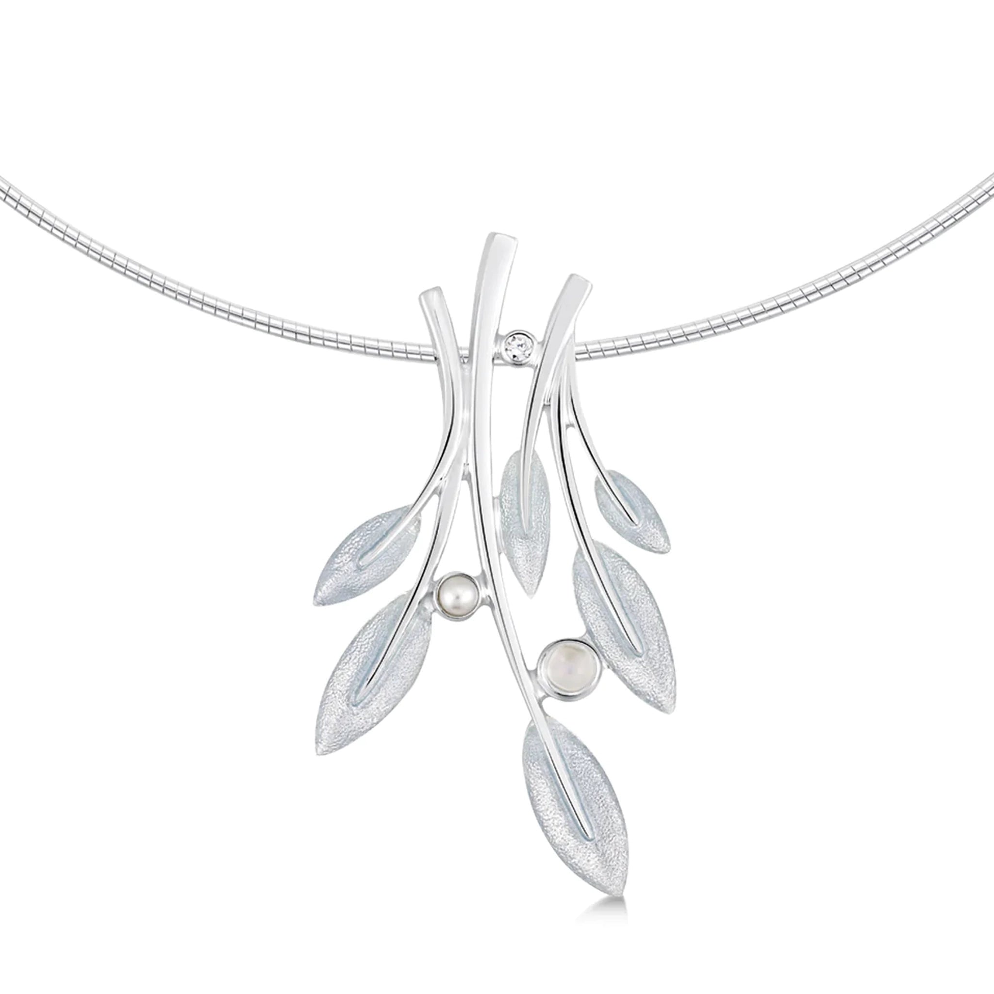 Large silver necklet with a rowan tree leaf design, a pearl and moonstone in frosty white enamel on a silver neck wire