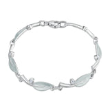 Silver bracelet with rowan tree leaf links in frosty white enamel and cubic zirconia stones