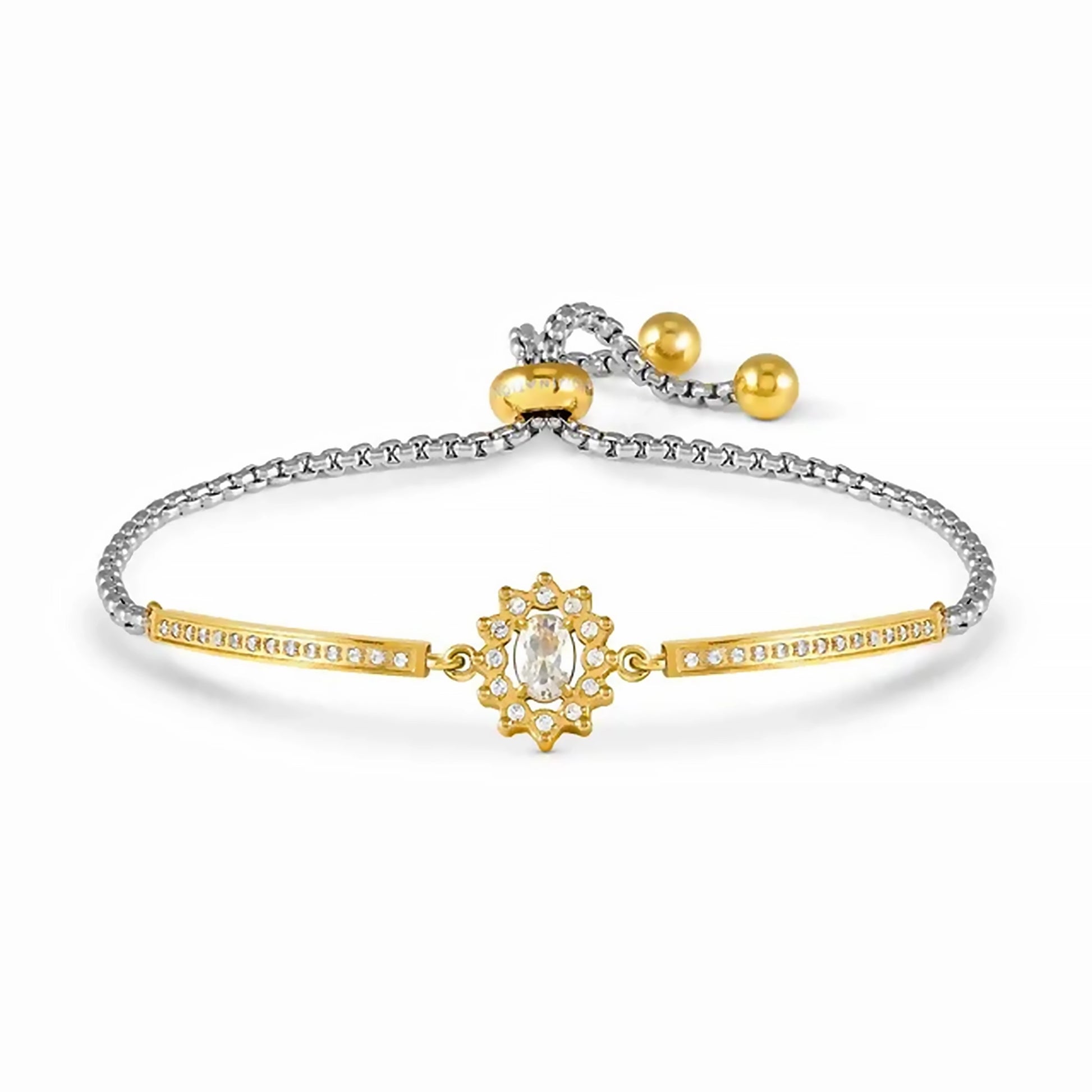 Gold bracelet with CZ stones and stainless steel toggle clasp