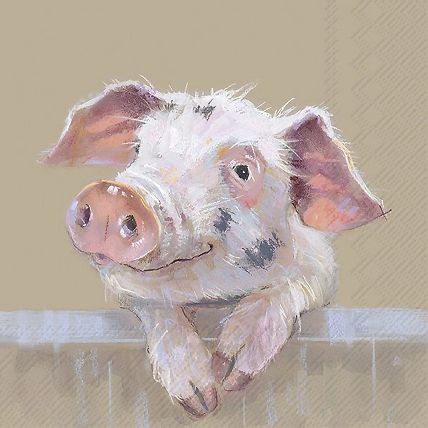 Beige paper napkins with a happy little pig design