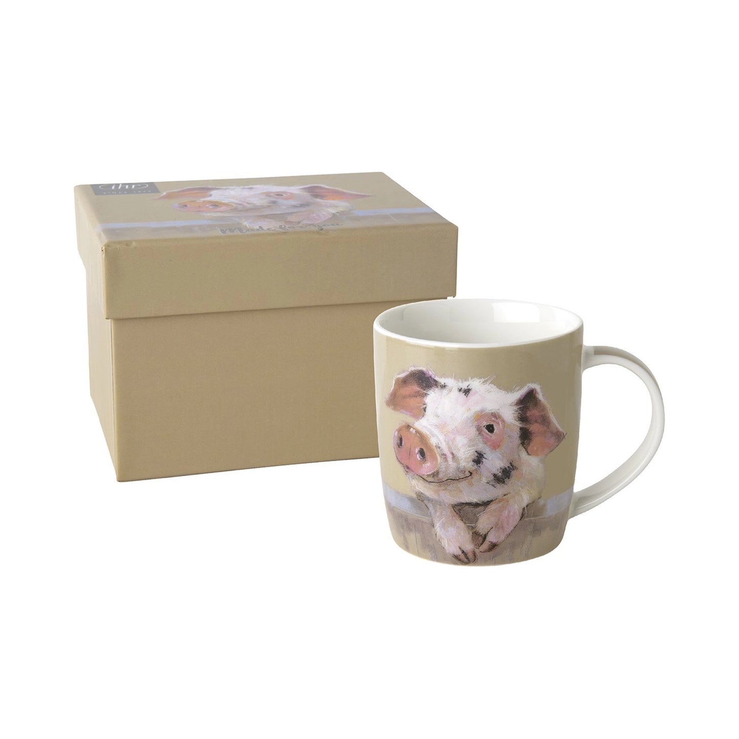 Light brown porcelain mug with curious pig design