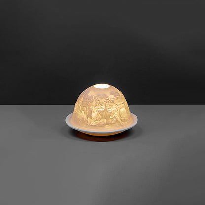 White porcelain dome candle holder with a safari scene - on