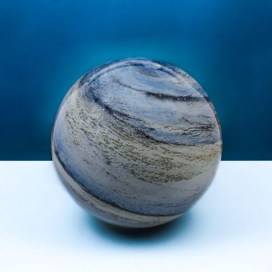 A glass orb light with swirling sand and blue colours turned off