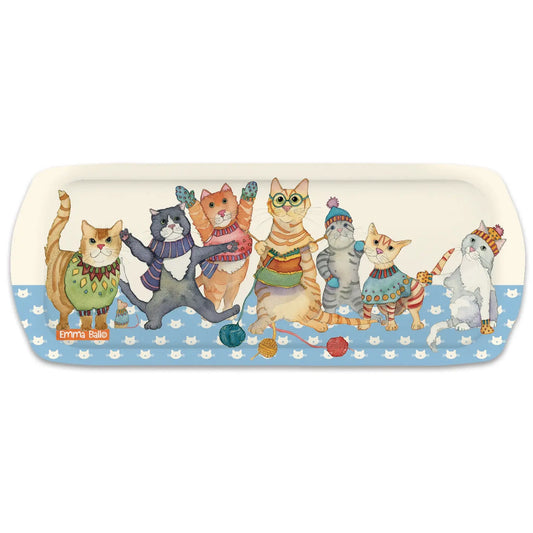 A long tray featuring an illustration of cats in winter clothing and knitting