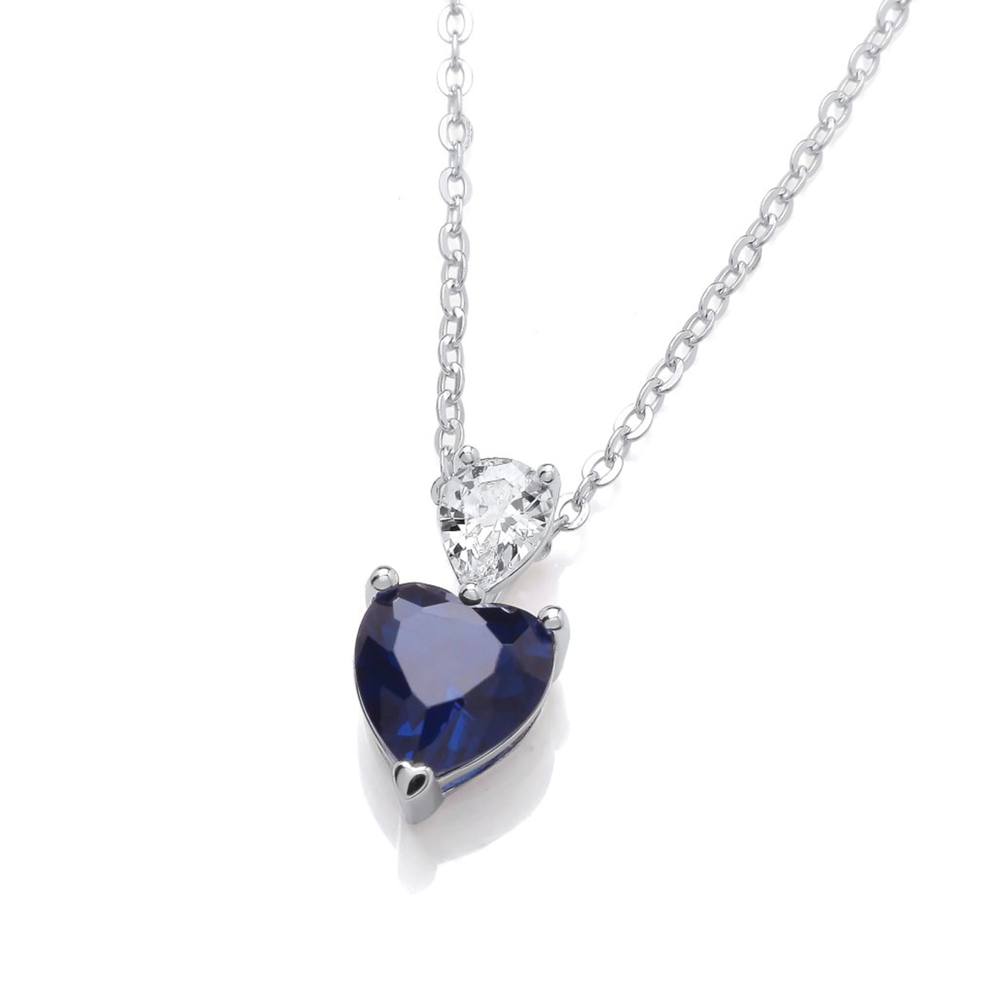 Silver sapphire CZ pendant with upside-down clear teardrop stone bail on a silver chain