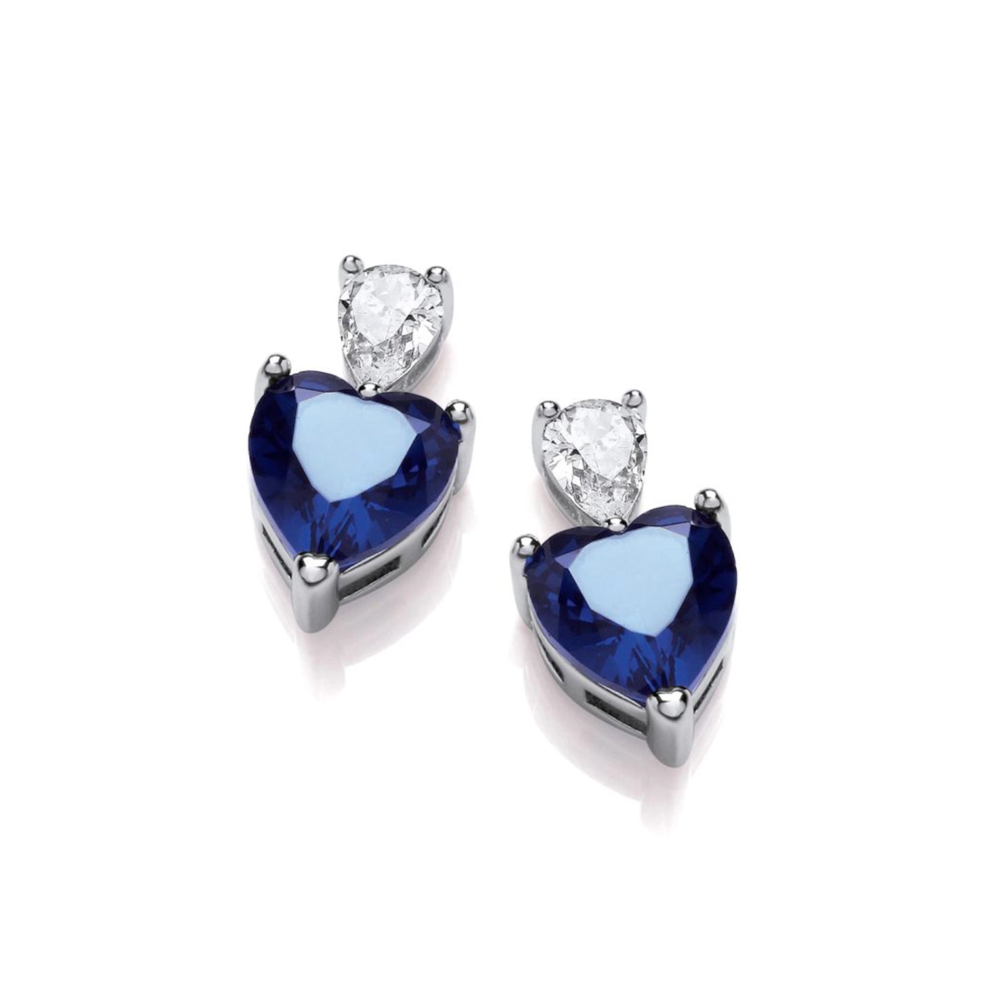 Silver sapphire CZ stud earrings with upside-down clear teardrop stone bail