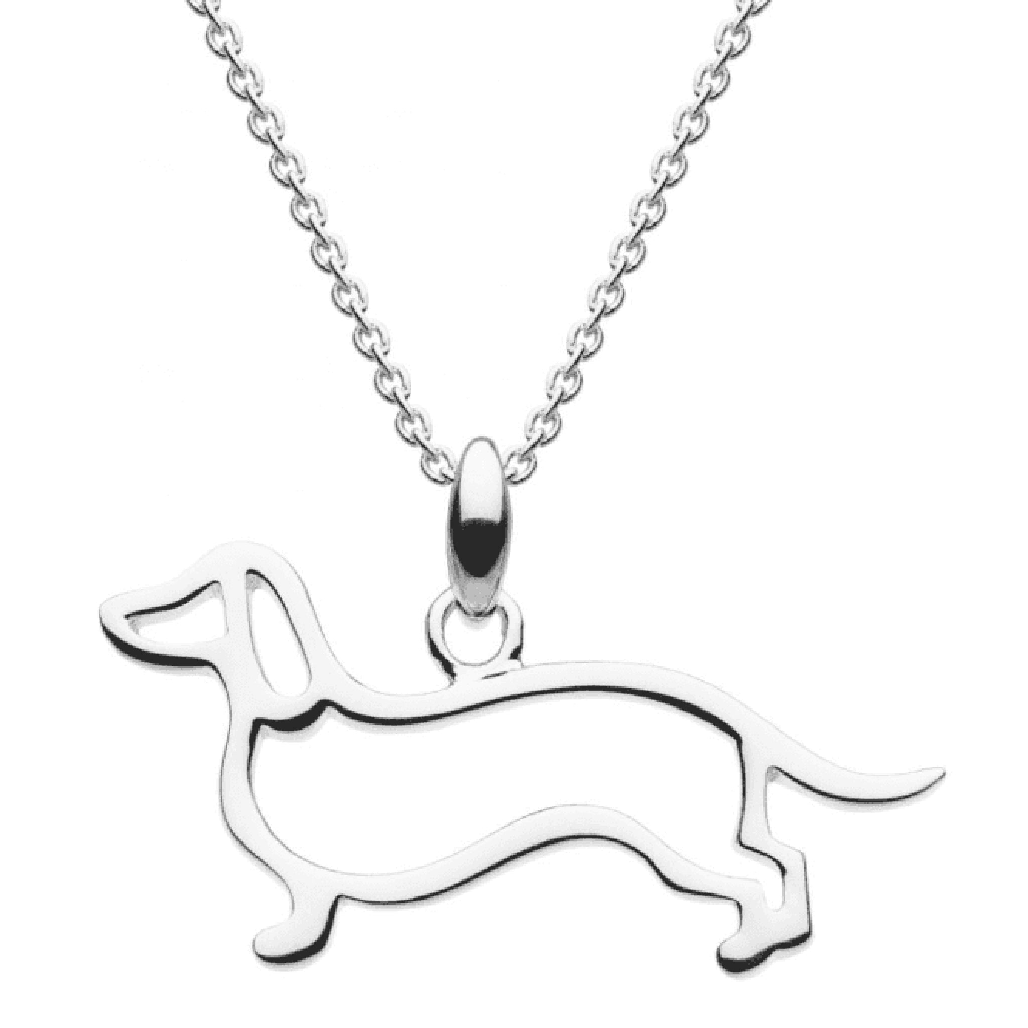 A silver pendant shaped like an open frame dachshund dog