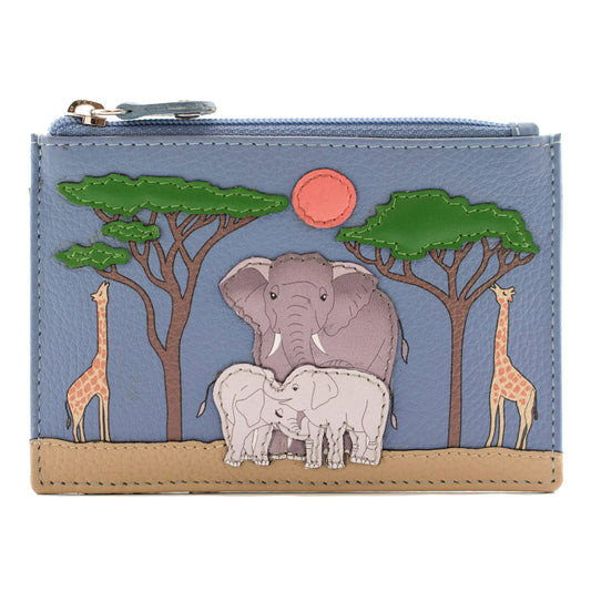 Grey blue leather card and coin wallet with Savanna applique scene 