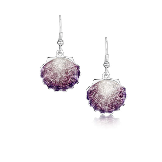 Pair of silver drop earrings shaped like open scallop shells with pink enamel
