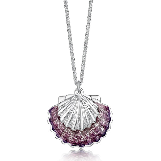Silver pendant in the shape of a scallop shell with pink enamelling and a chunky chain