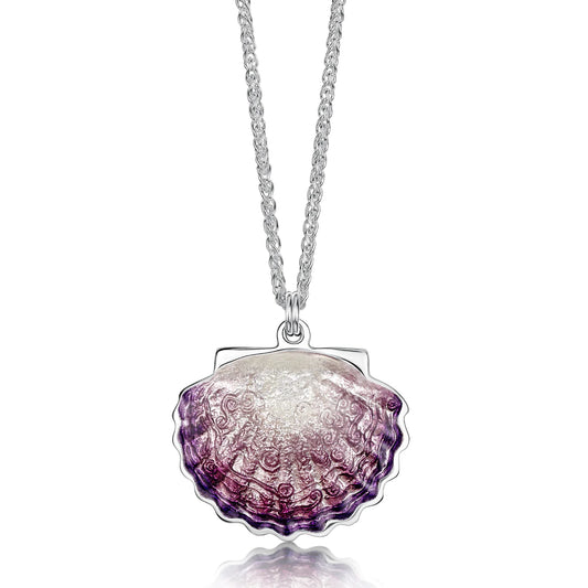 A silver pendant shaped like a scallop shell with a gradated pink enamel centre and a silver chain