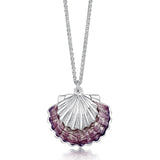 Silver pendant in the shape of a scallop shell with pink enamelling and a chunky chain