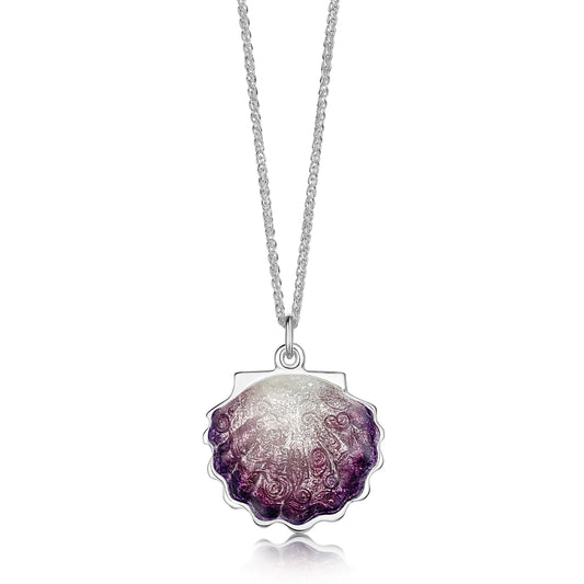 Silver pendant shaped like a scallop shell with gradated pink enamel centre on a silver chain