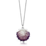 Silver pendant shaped like a scallop shell with gradated pink enamel centre on a silver chain
