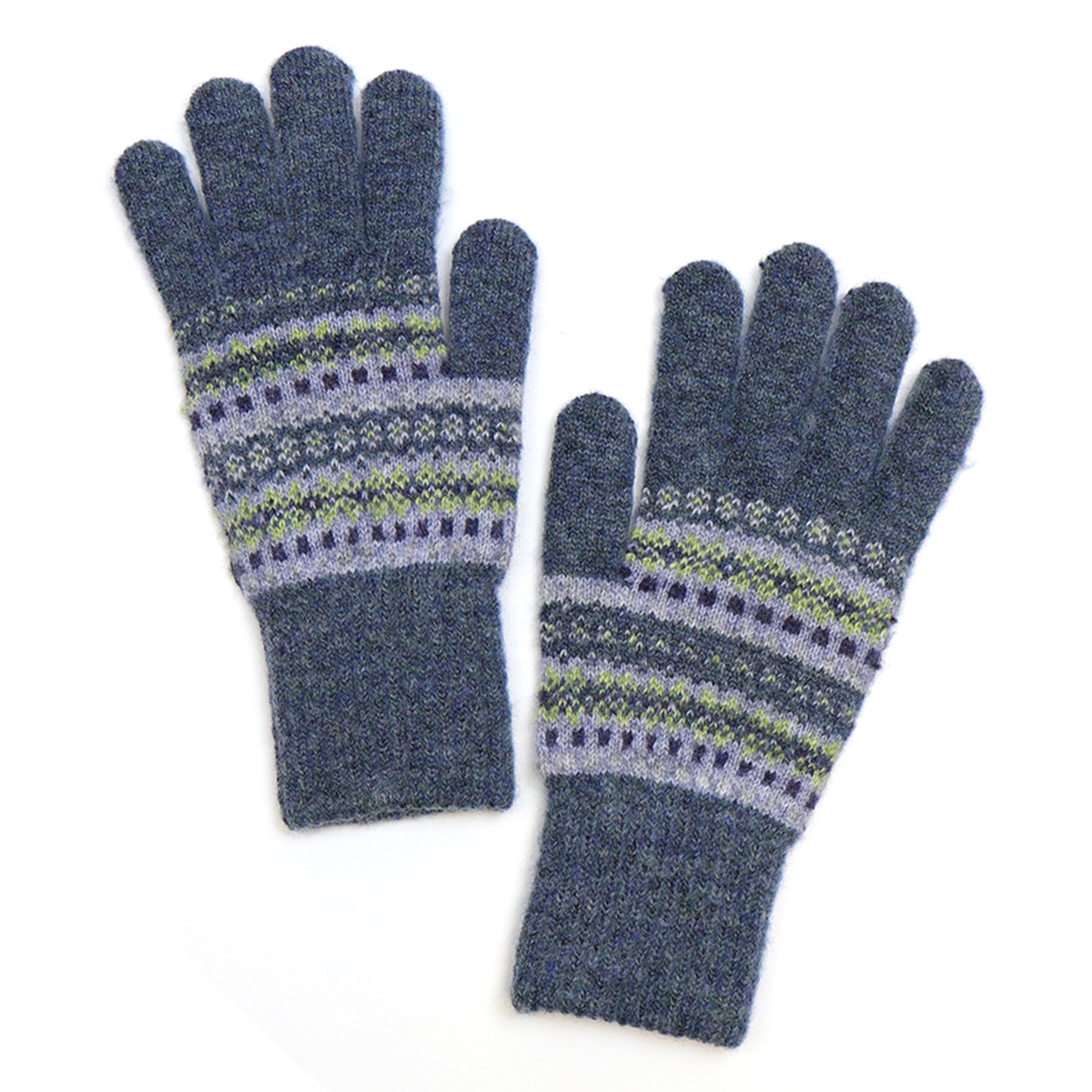 A pair of knitted grey gloves with a fair isle style pattern in green and blue