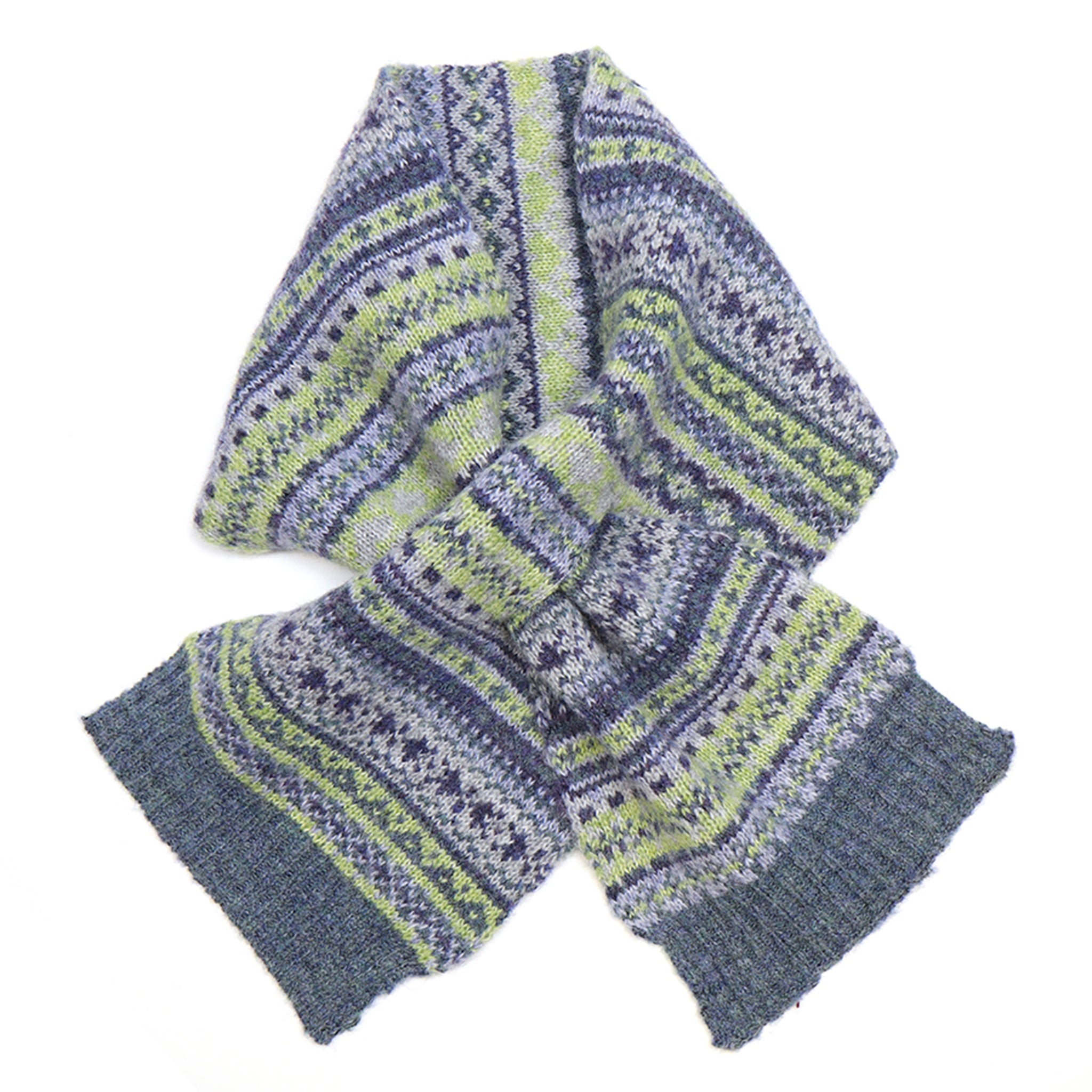 A pull-through scarf in a grey, lilac and green fair isle pattern