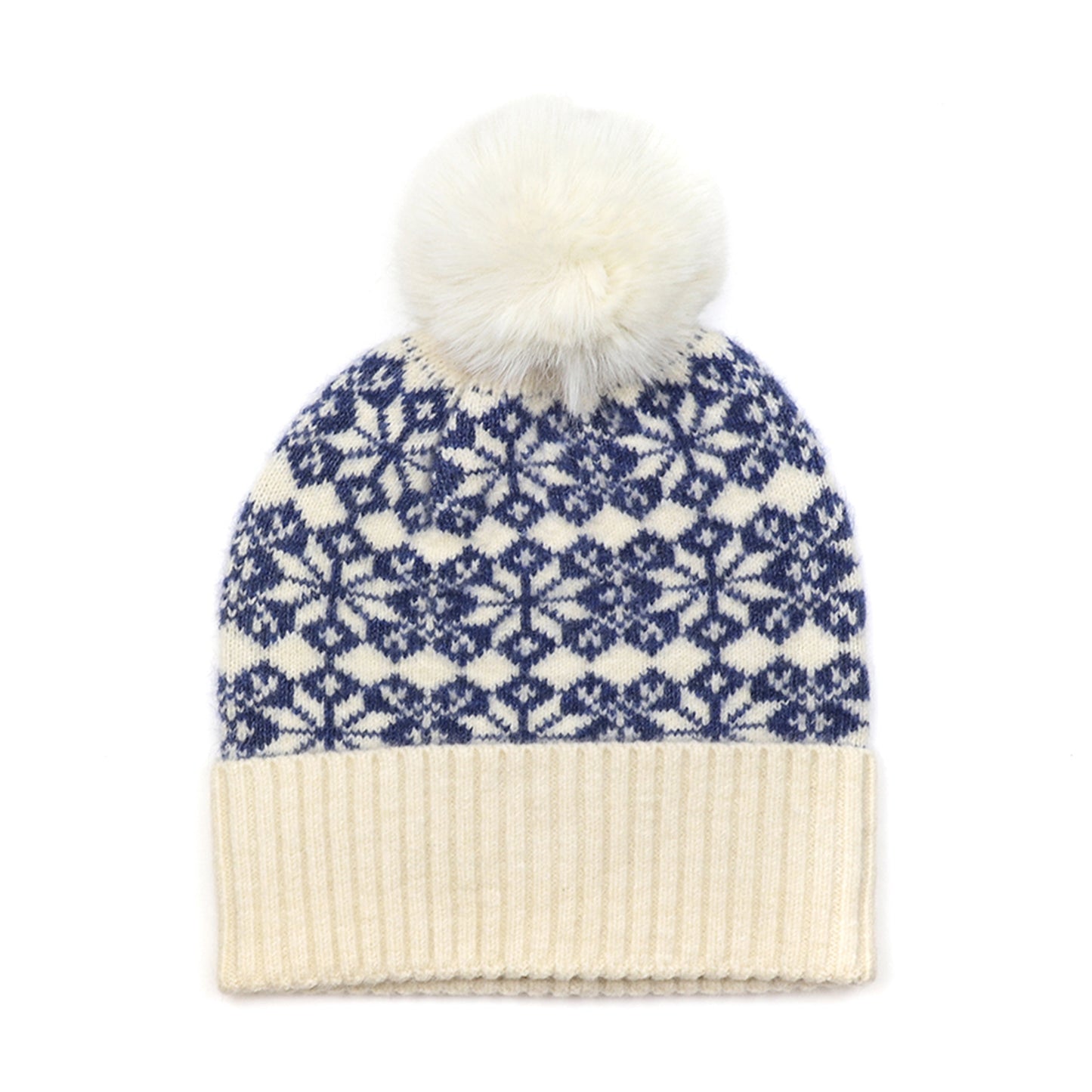 Scandi style star patterned faux fur pompom hat in blue and cream