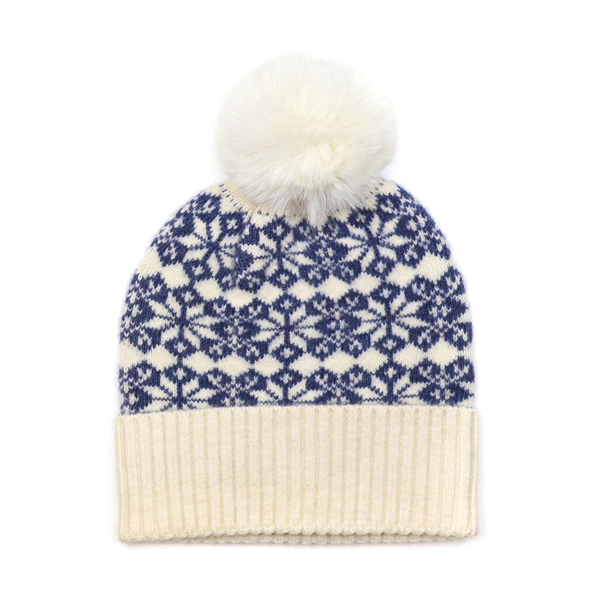 Scandi style star patterned faux fur pompom hat in blue and cream