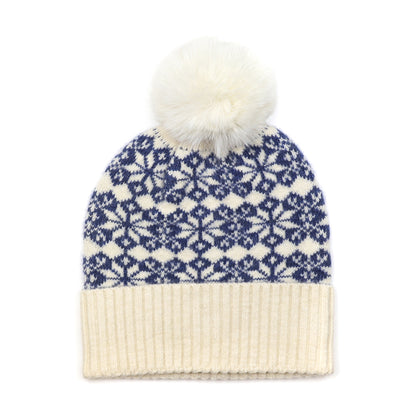 Scandi style star patterned faux fur pompom hat in blue and cream