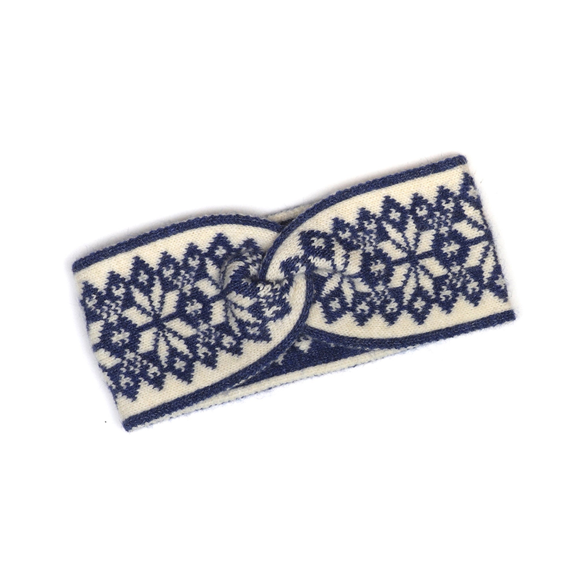 Scandi style star patterned knitted headband in blue and cream with twist detail 
