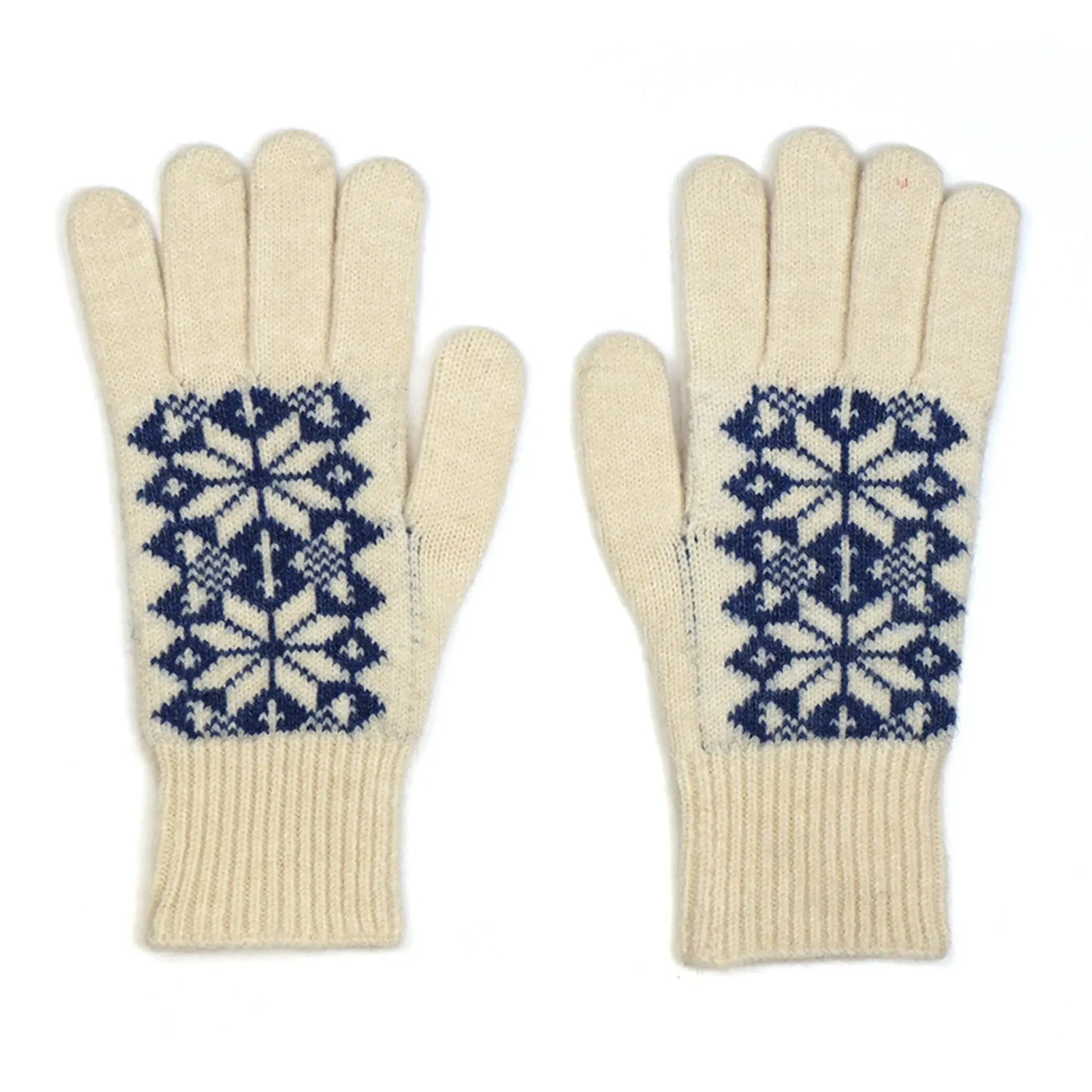 Pair of cream knitted gloves with a Scandi inspired floral design in navy blue