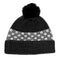 A black knitted pompom hat with a Scandi style white floral band design