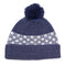 A denim blue knitted pompom hat with a Scandi style white floral band design