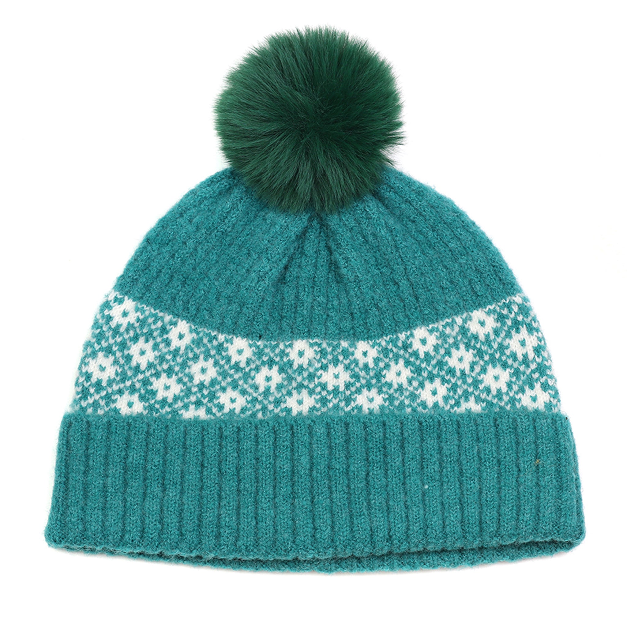 A green knitted pompom hat with a Scandi style white floral band design