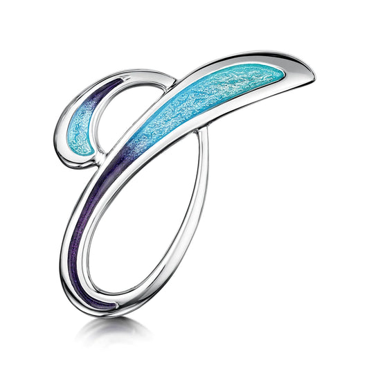 Abstract water wave shape silver brooch with dark and light blue gradient enamelling
