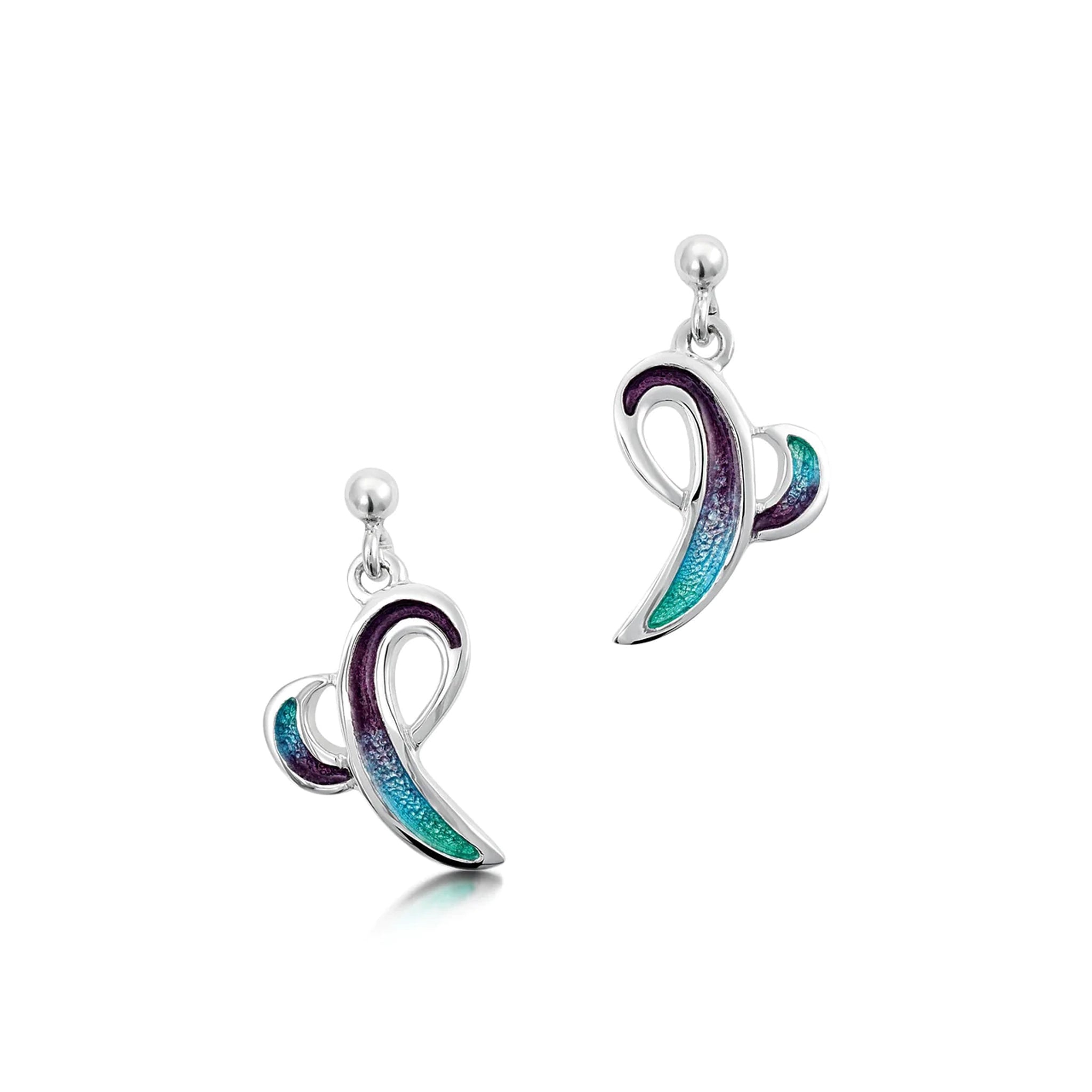 Silver earrings in an abstract ocean wave design and dark & light blue enamel, on stud fittings