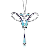 Silver symmetrical pendant in an abstract ocean wave design and dark & light blue enamel on silver chain