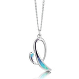 Silver pendant in an abstract ocean wave design and dark & light blue enamel on silver chain
