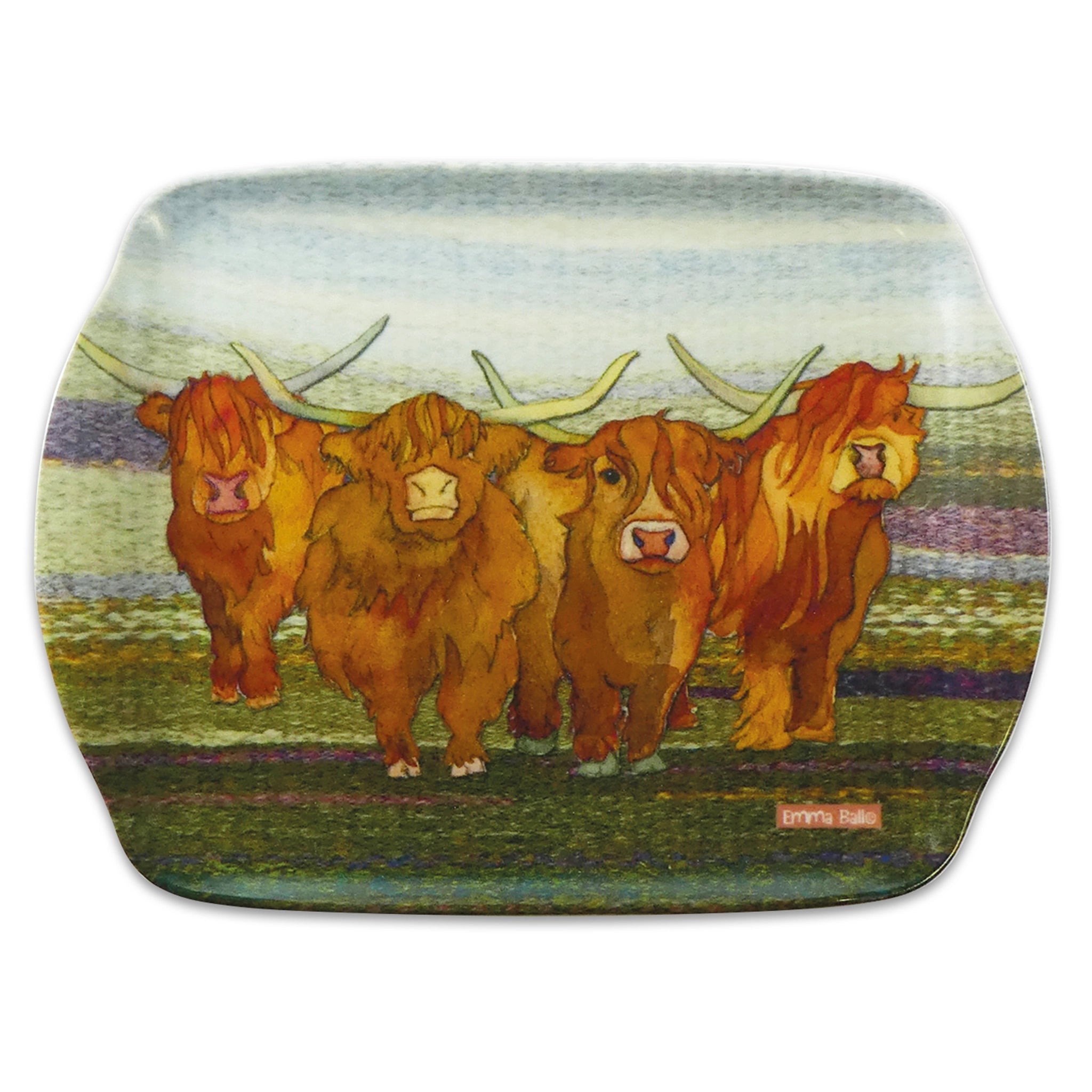 A small scatter dish tray with a design of Highland Cows on a felted landscape background