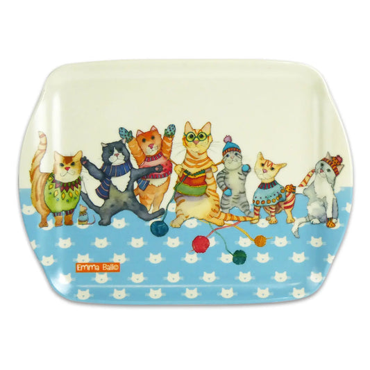 A small scatter dish tray featuring an illustration of cats in winter clothing and knitting