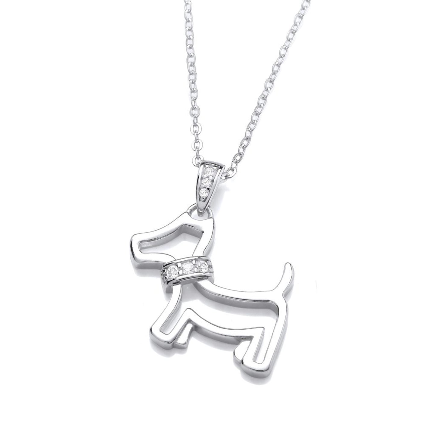 Silver outline pendant shaped like a scottie dog with a CZ set collar and bail