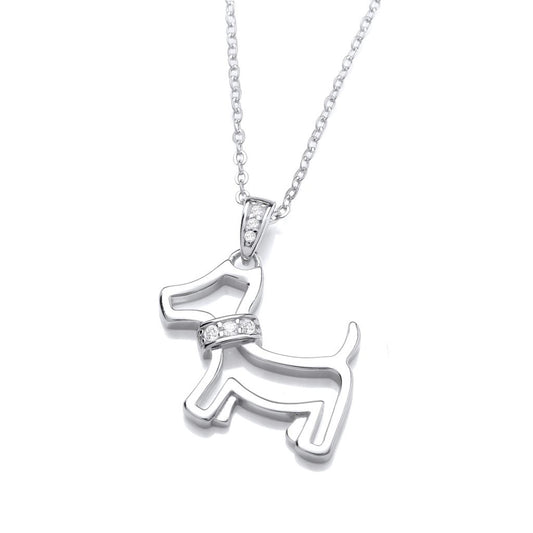 Silver outline pendant shaped like a scottie dog with a CZ set collar and bail