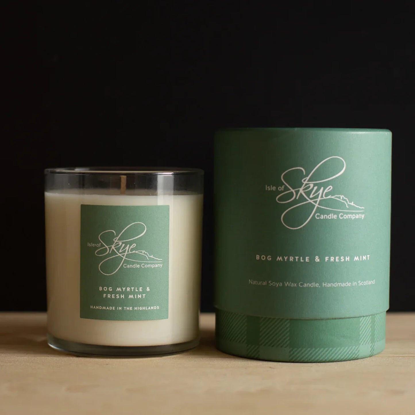 Bog myrtle and fresh mint scented candle in glass tumbler with tartan box