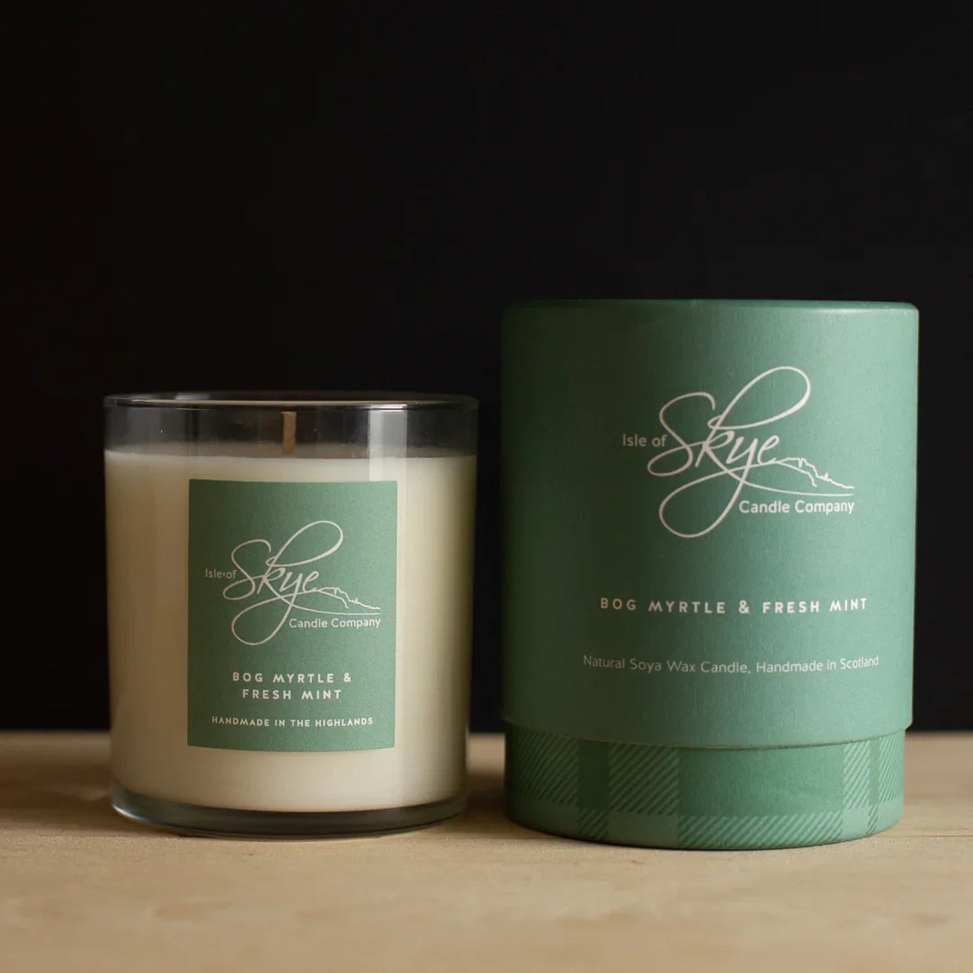 Bog myrtle and fresh mint scented candle in glass tumbler with tartan box