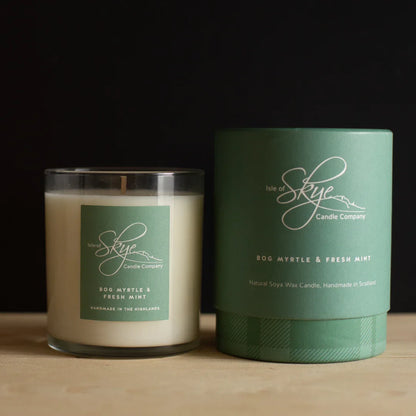 Bog myrtle and fresh mint scented candle in glass tumbler with tartan box