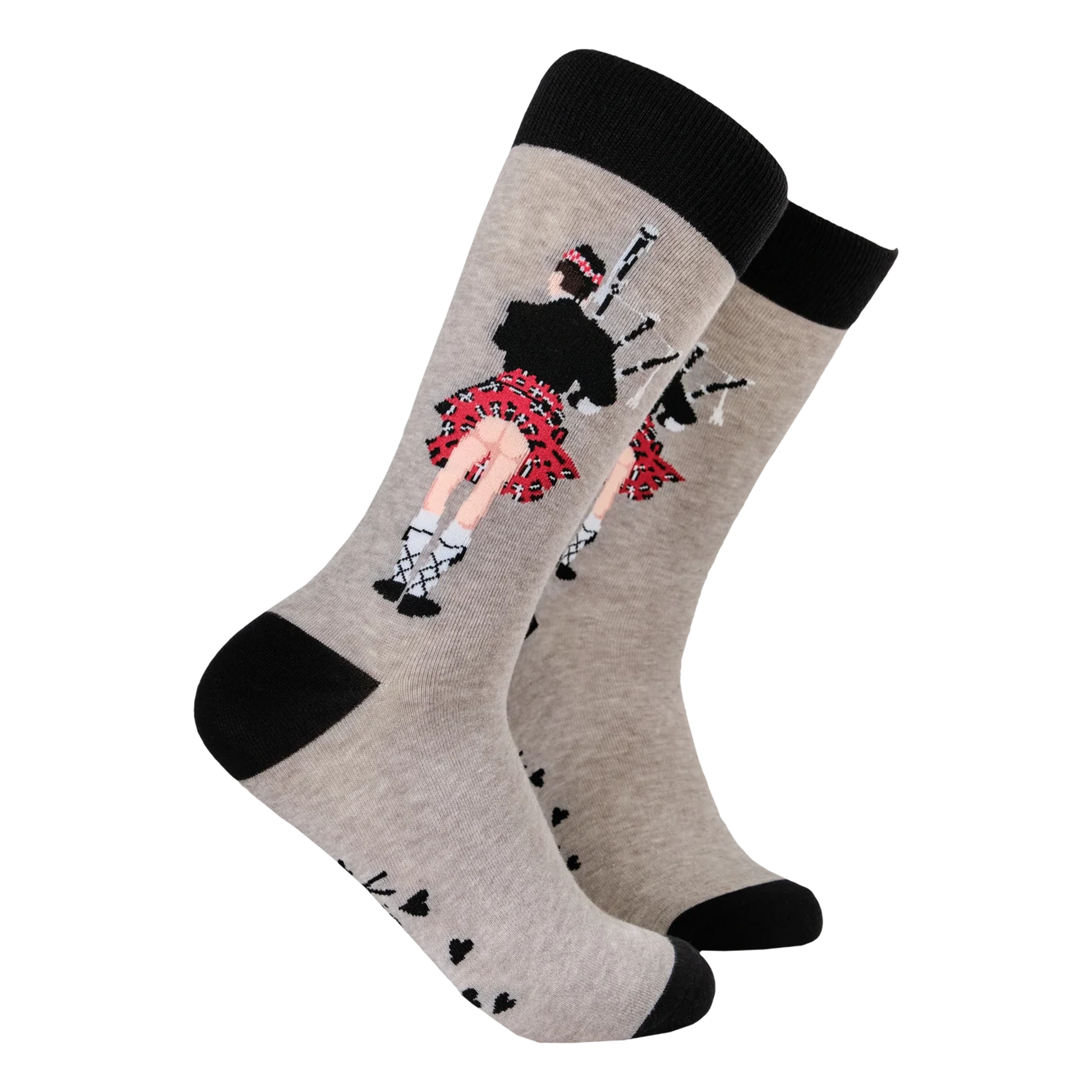 Scottish socks in grey with piper in a kilt showing off his bum