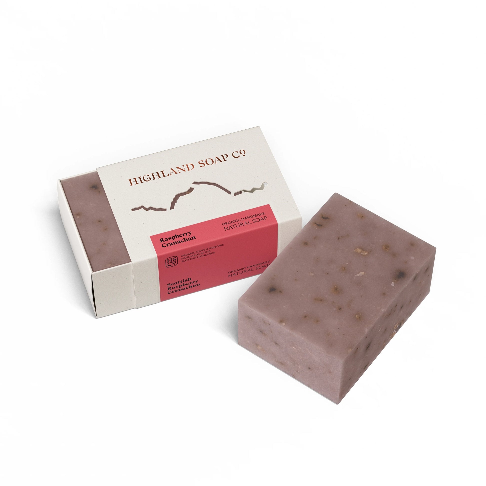 Highland Soap Co. raspberry cranachan scented soap bar in box packaging